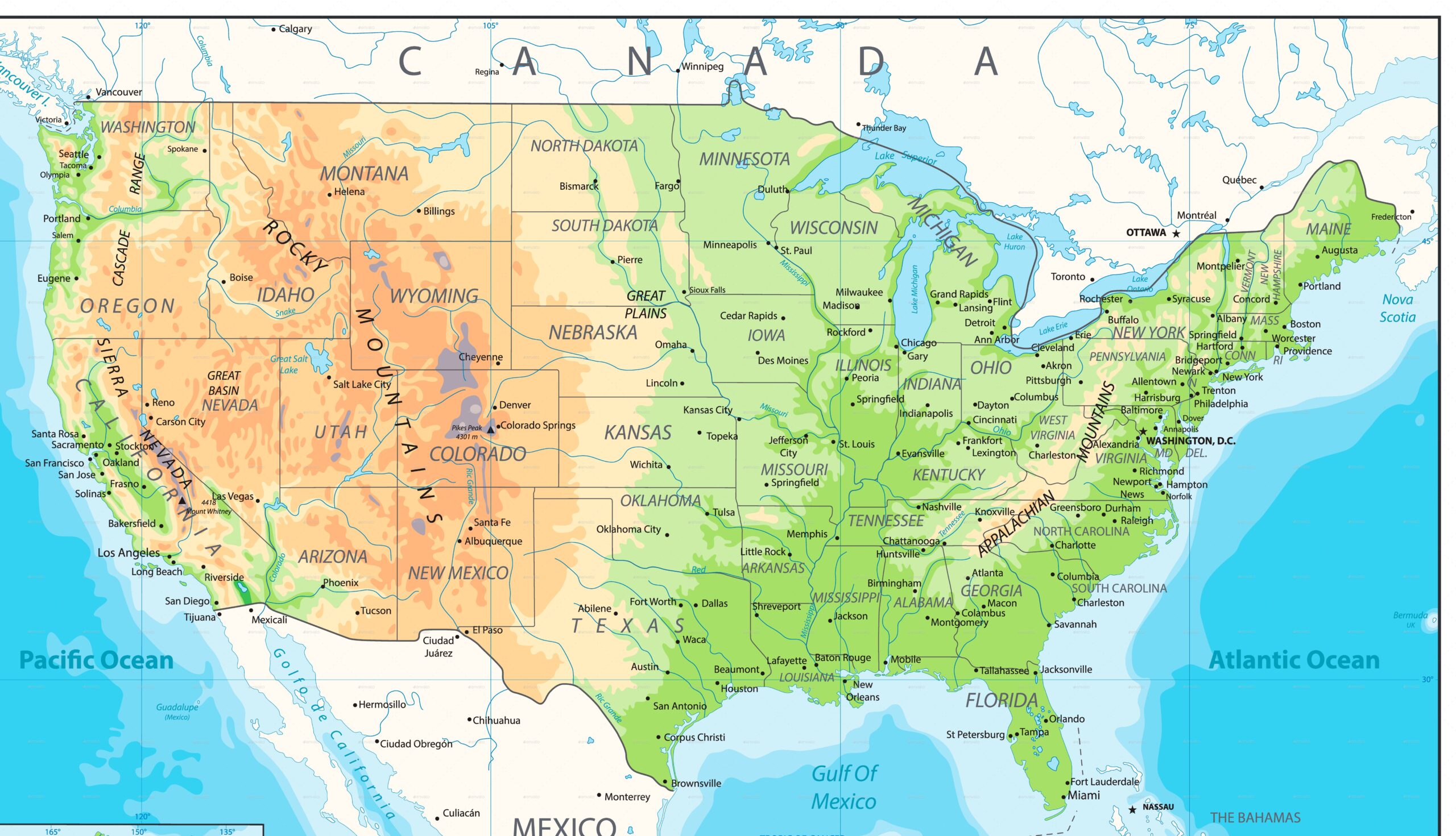 USA detailed physical map | N.O.W.